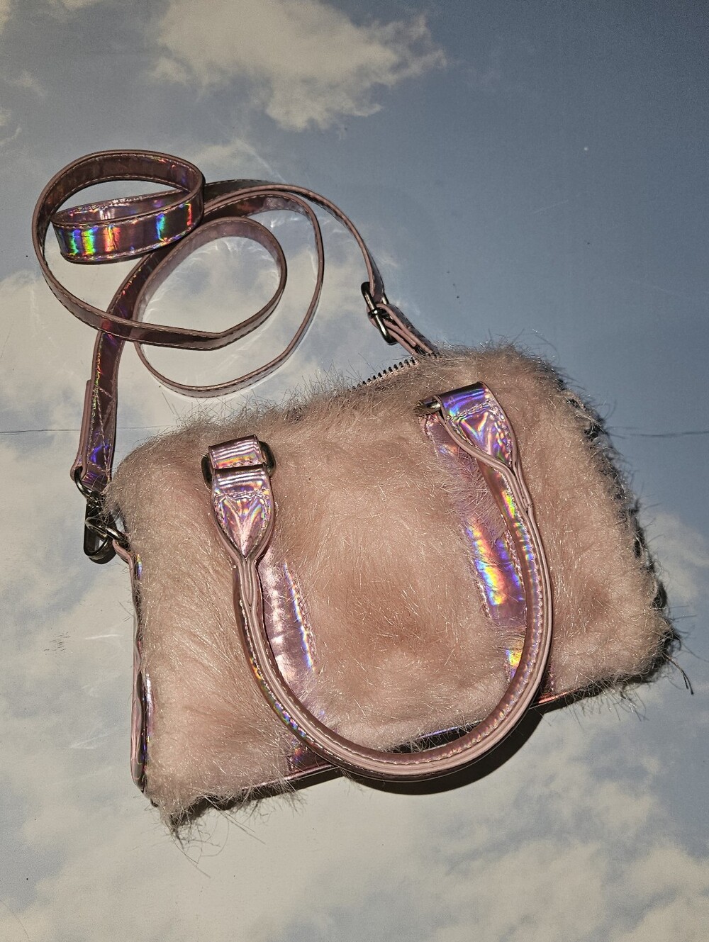 Pink Faux Fur Holographic Crossbody Bag